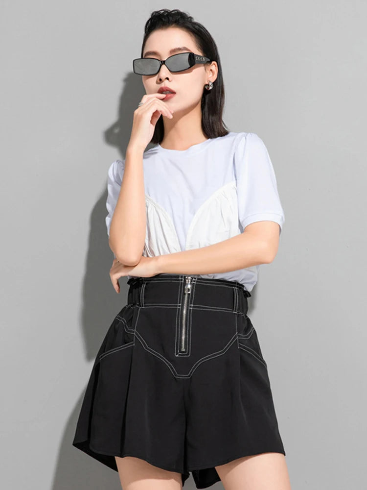 Women White Pleated Spliced Big Size Casual T-shirt New Round Neck Short Sleeve Fashion Tide Spring Summer 2025 1DJ1055