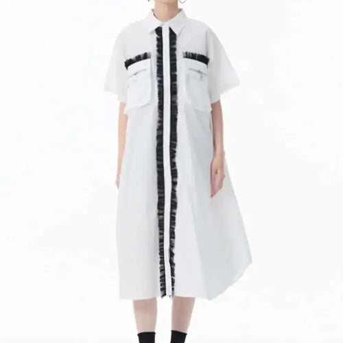 Load image into Gallery viewer, Women White Mesh Color-block Big Size Midi Shirt Dress New Lapel Short Sleeve Fashion Tide Spring Summer 2025 1DJ0003
