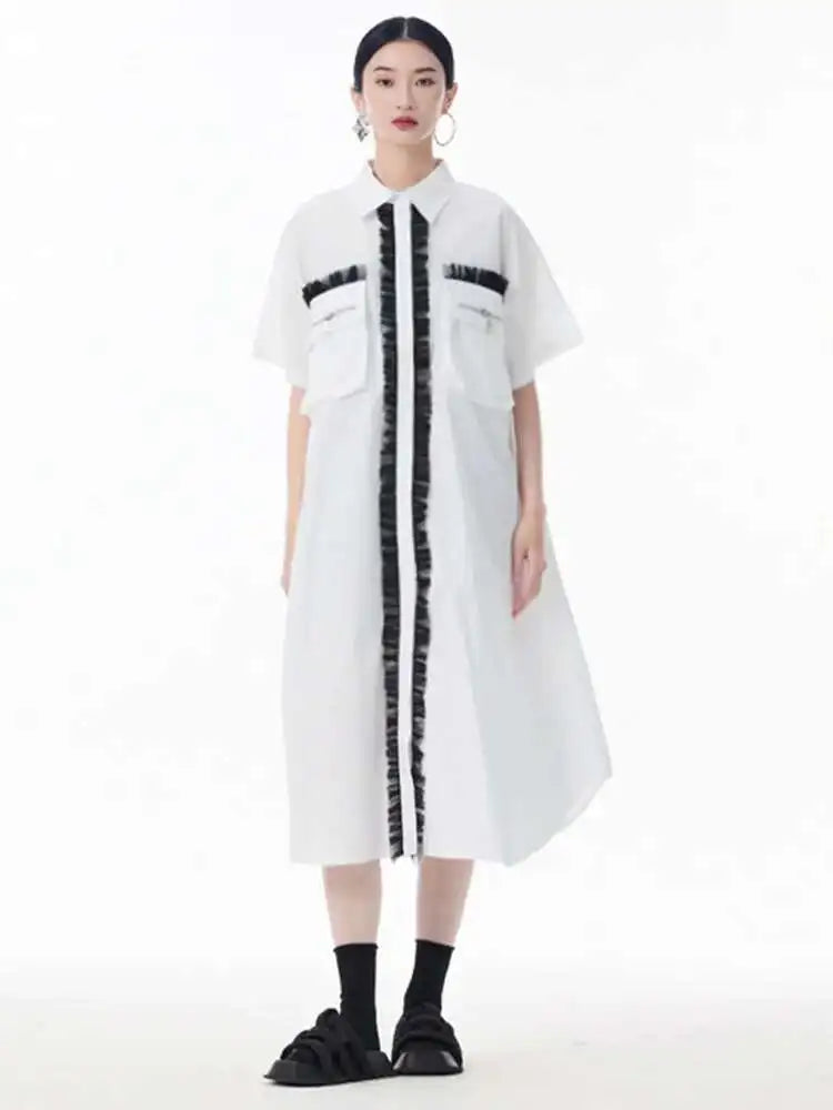 Women White Mesh Color-block Big Size Midi Shirt Dress New Lapel Short Sleeve Fashion Tide Spring Summer 2025 1DJ0003