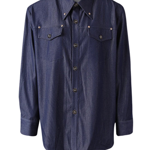 Load image into Gallery viewer, Women Blue Rivet Shoulder Padded Big Size Blouse New Lapel Long Sleeve Shirt Fashion Tide Spring Autumn 2025 CPG3097
