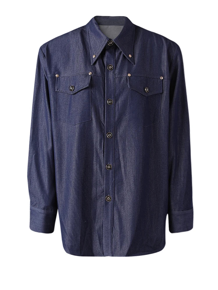 Women Blue Rivet Shoulder Padded Big Size Blouse New Lapel Long Sleeve Shirt Fashion Tide Spring Autumn 2025 CPG3097