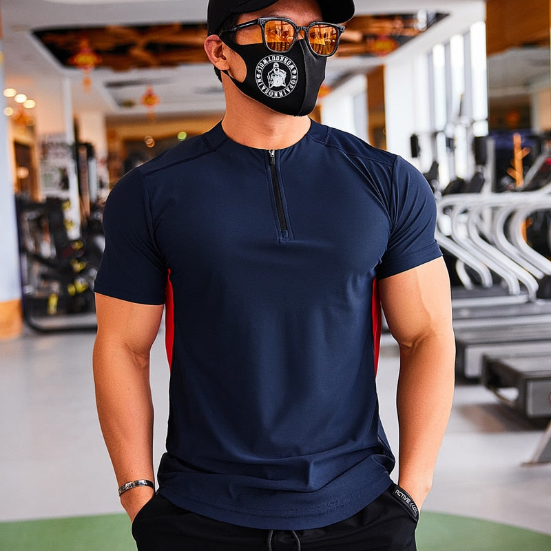 Fashion Mens Quick Dry Running Fitness T-Shirt Sports Tops Jersey Cool and Comfortable Shirts for Men with Stand Collar Design