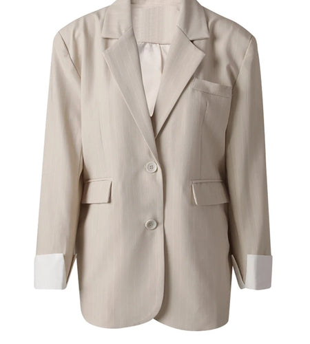 Women Apricot Striped Color-block Big Size Blazer New Lapel Long Sleeve Jacket Fashion Tide Spring Autumn 2025 30A2753