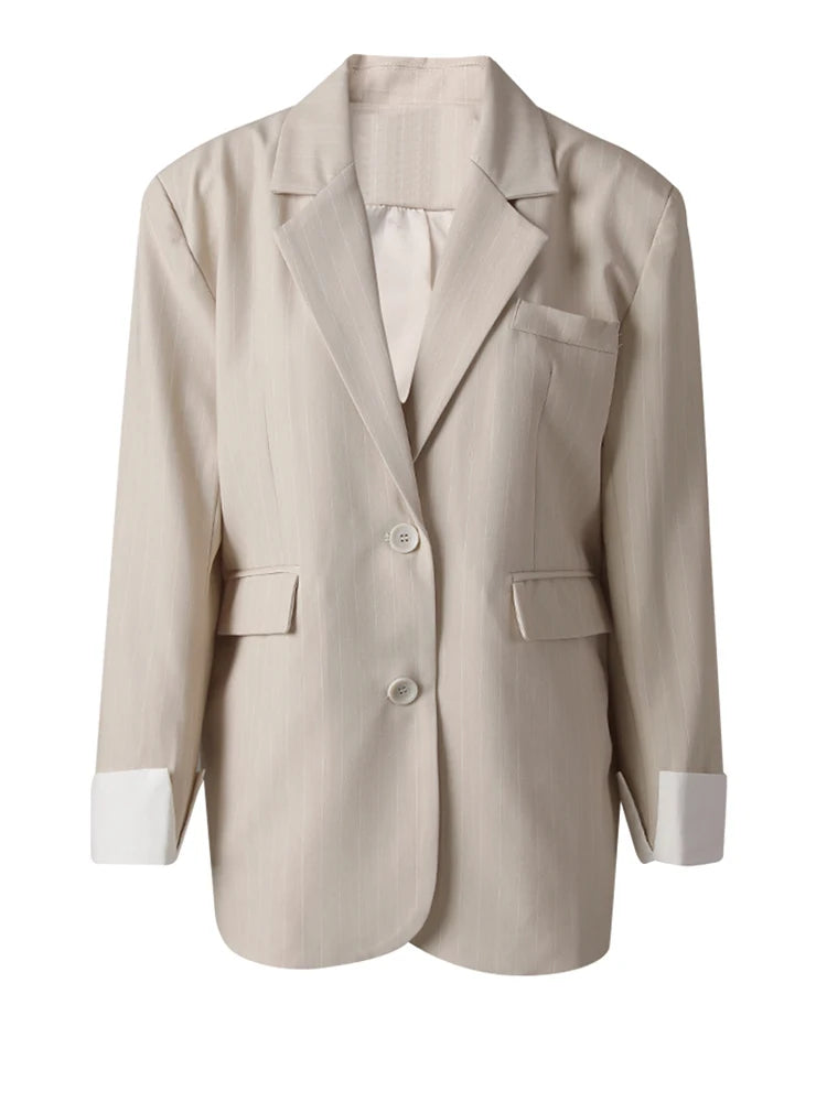 Women Apricot Striped Color-block Big Size Blazer New Lapel Long Sleeve Jacket Fashion Tide Spring Autumn 2025 30A2753