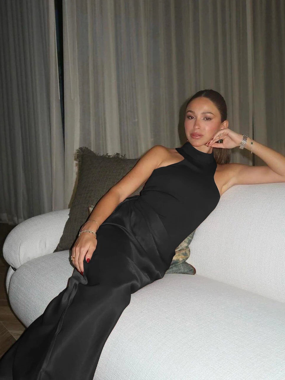 Elegant Sleeveless Satin Patchwork Hollow Out Long Dress Women Sexy Elastic Tight Female Party Club Evening Vestidos2024