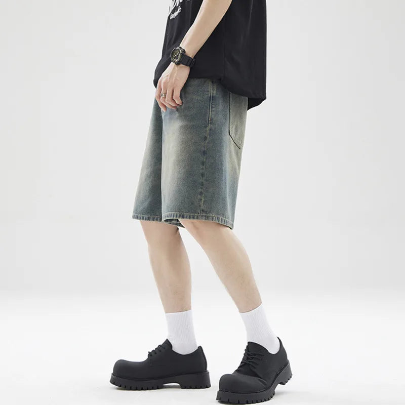 Men's Denim Shorts Solid Color Summer American Fanshion Style Cleanfit Five Quarter Jeans Male Loose Clothing 2025 9W1354