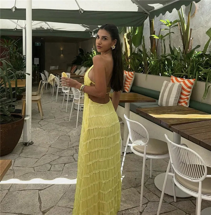 Halter Backless Sexy Maxi Dress For Women Spring Summer New Lace-up Sleeveless Pleated Beach Holiday Long Dress Elegant