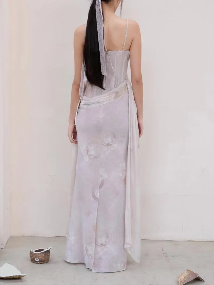 Slimming Printing Spliced Lace Up Elegant Dresses for Women Square Neck Sleeveless Tunic Dress Female Clothing New