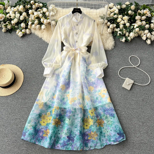 Load image into Gallery viewer, Autumn 2024 Retro Fashion Pink Flower Single Breasted Elegant Long Dress Women Blue Stand Neck Long Sleeve Print Bohemian Dress
