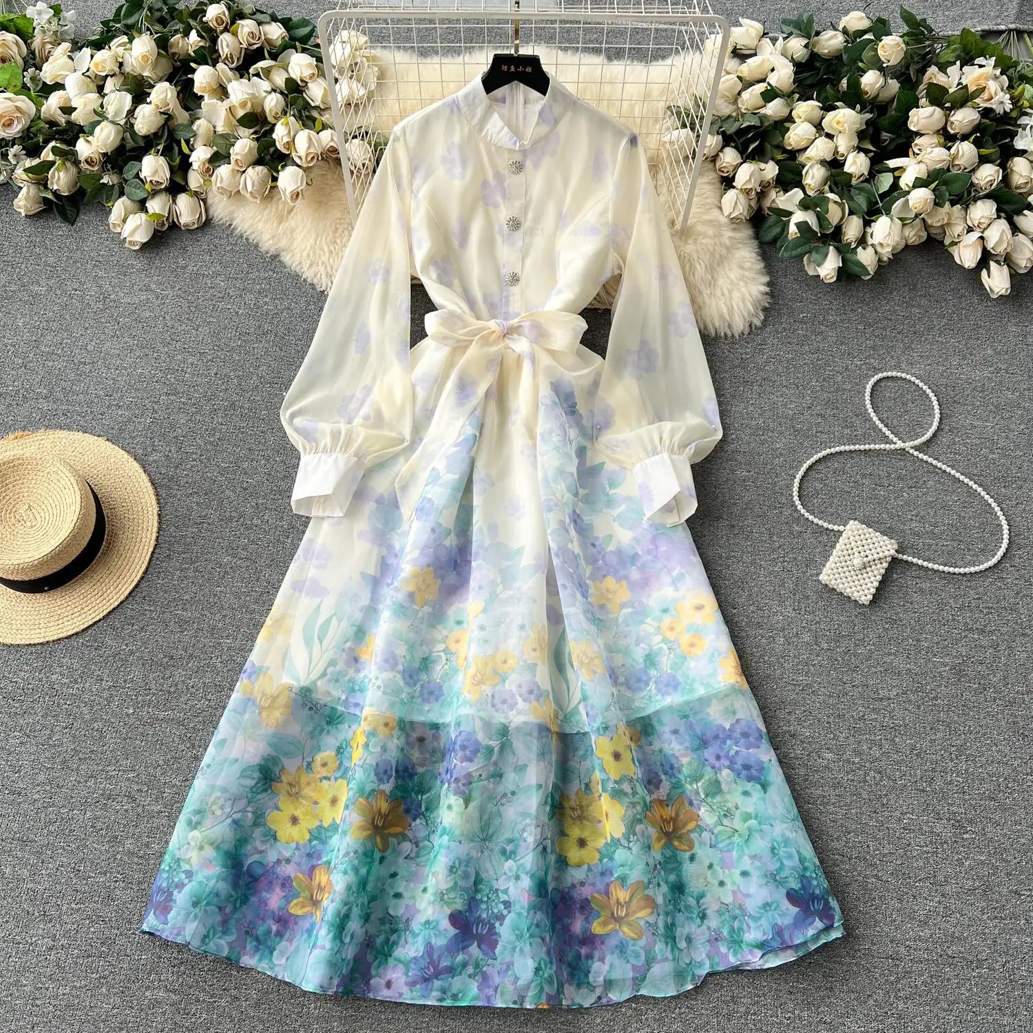 Autumn 2024 Retro Fashion Pink Flower Single Breasted Elegant Long Dress Women Blue Stand Neck Long Sleeve Print Bohemian Dress