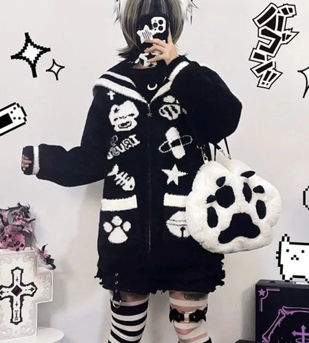 Streetwear Cartoon Jacquard Vintage Fluffy Coats Women Loose Sweet Y2k Aesthetic Zipper Top Japanese Kawaii Gothic Casual Jacket