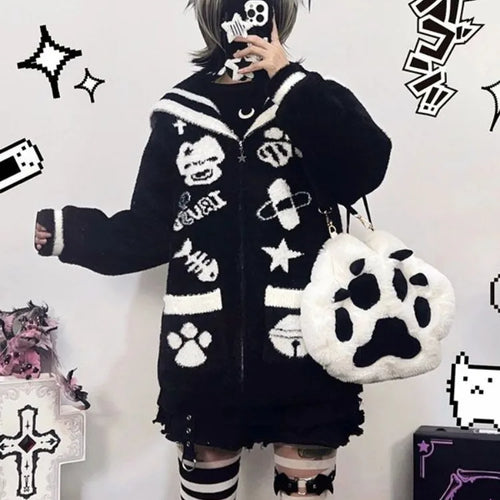 Load image into Gallery viewer, Streetwear Cartoon Jacquard Vintage Fluffy Coats Women Loose Sweet Y2k Aesthetic Zipper Top Japanese Kawaii Gothic Casual Jacket
