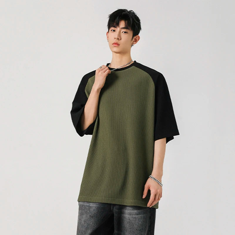 Men's T-shirts Short Sleeve New Summer Pinstripe Splicing Trendy Pullover Trendy Two Color Design Male Casual Tops 9W1933