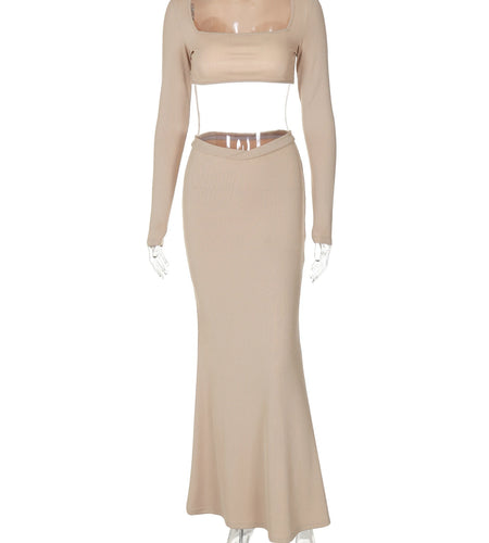 Elegant 2 Pcs Sets Solid Square Collar Long Sleeve Sexy Crop Top Maxi Skirt Fall Women New Y2K Clothes Party Vacation