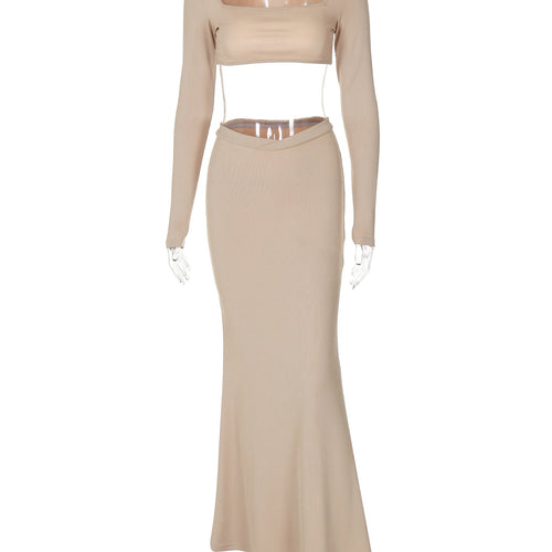 Load image into Gallery viewer, Elegant 2 Pcs Sets Solid Square Collar Long Sleeve Sexy Crop Top Maxi Skirt Fall Women New Y2K Clothes Party Vacation
