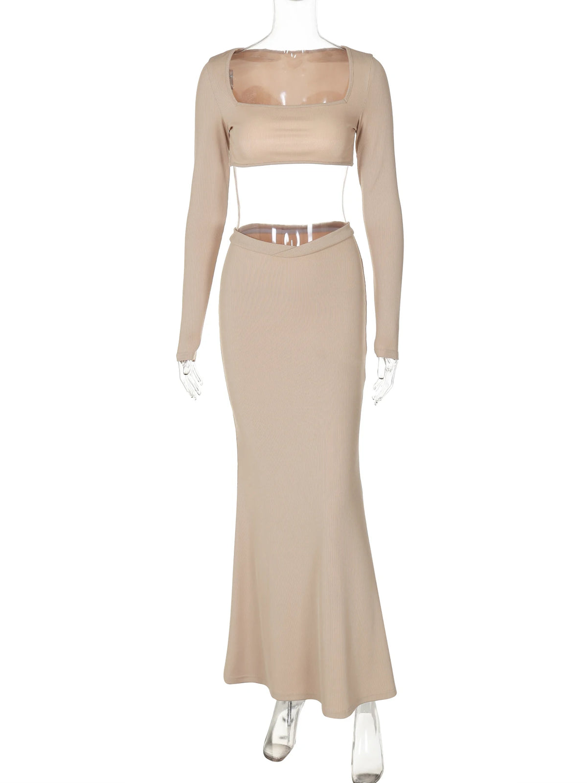 Elegant 2 Pcs Sets Solid Square Collar Long Sleeve Sexy Crop Top Maxi Skirt Fall Women New Y2K Clothes Party Vacation