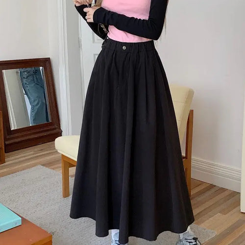 Load image into Gallery viewer, Khaki Elegant Pleated Skirt For Women Pockets Office Ladies Casual A-line Elastic High Waist Black Long Skirt 2023 Autumn Winter
