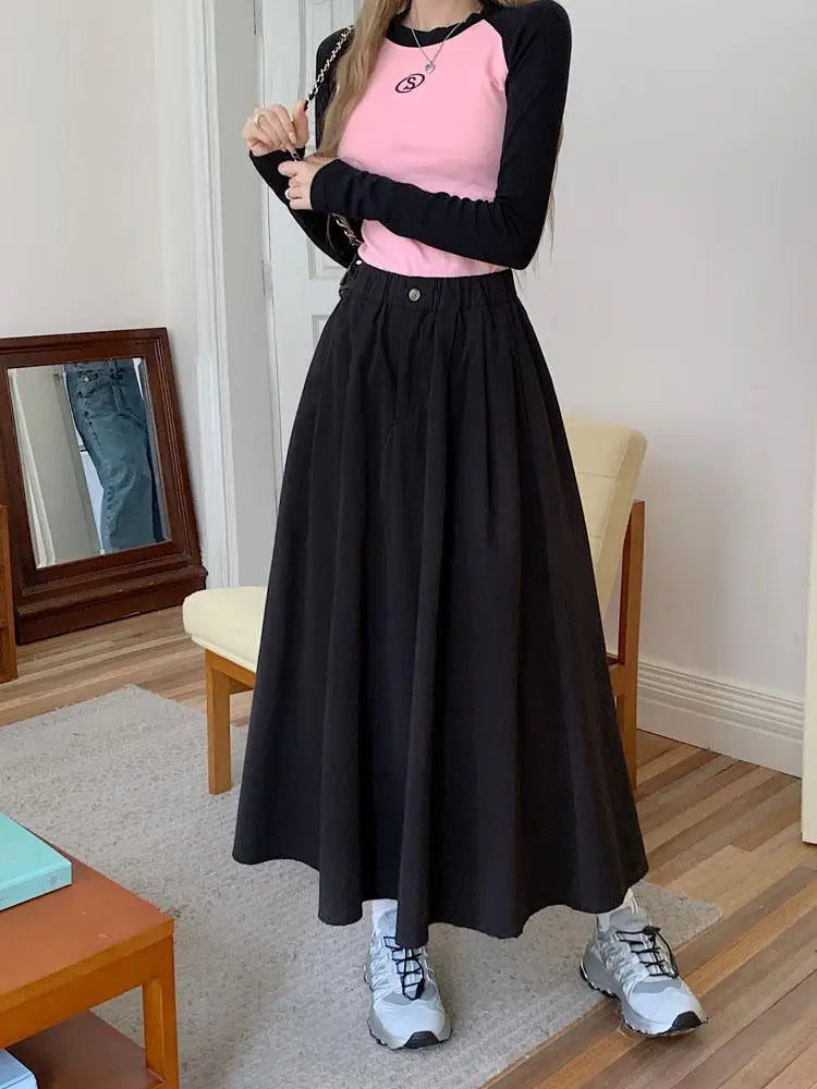 Khaki Elegant Pleated Skirt For Women Pockets Office Ladies Casual A-line Elastic High Waist Black Long Skirt 2023 Autumn Winter