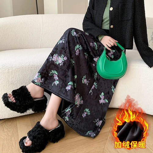 Load image into Gallery viewer, Black Red Floral Print Velvet Long Skirt Vintage Elastic High Waist Slim A-line Skirts Autumn Winter Fashion Women Bohemian Chic
