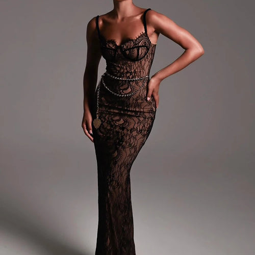 Load image into Gallery viewer, Sexy Lace Print Double Layer Dress For Women Bodycon Backless Metal Heart Pendant Maxi Dress Party Club Evening Dress
