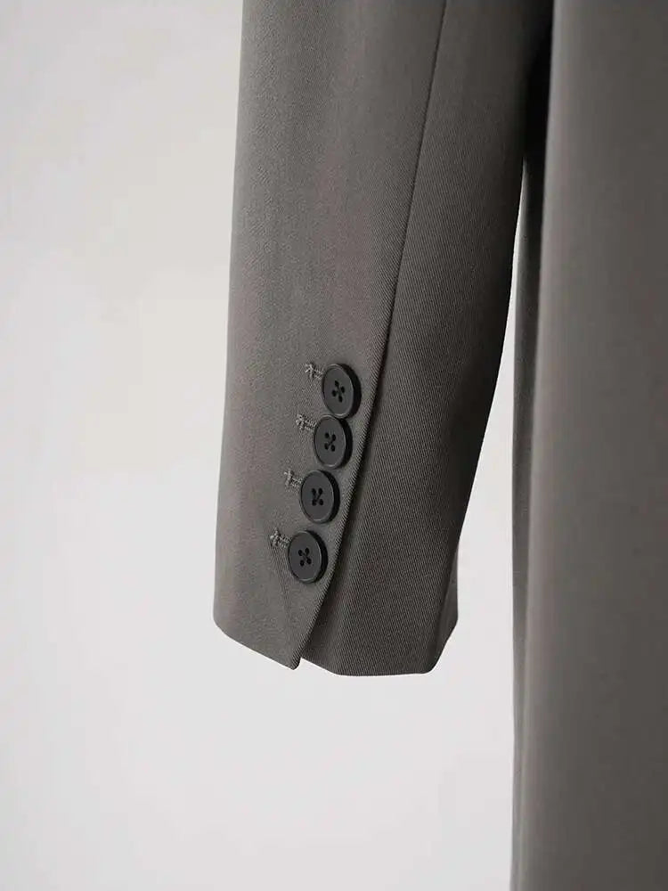 Women Gray Button Design Big Size Long Elegant Blazer New Lapel Long Sleeve Jacket Fashion Tide Spring Autumn 2025 CPDB250
