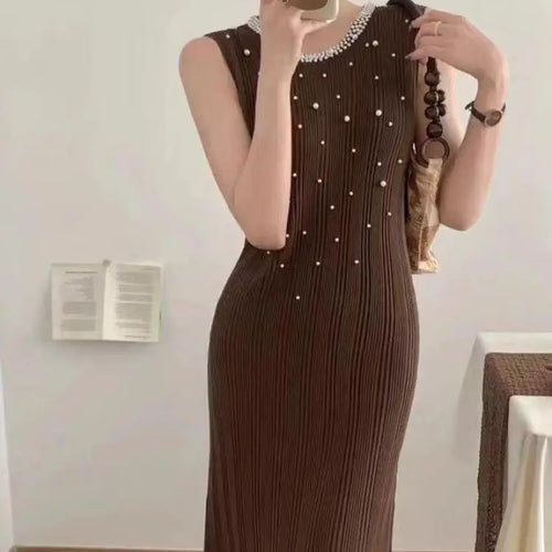 Load image into Gallery viewer, Korean Solid Pearl Elegant Round Neck Slim Vest Long Dresses For Women Sleeveless Fashion Sexy Knitted Dress Summer 2025 Popular
