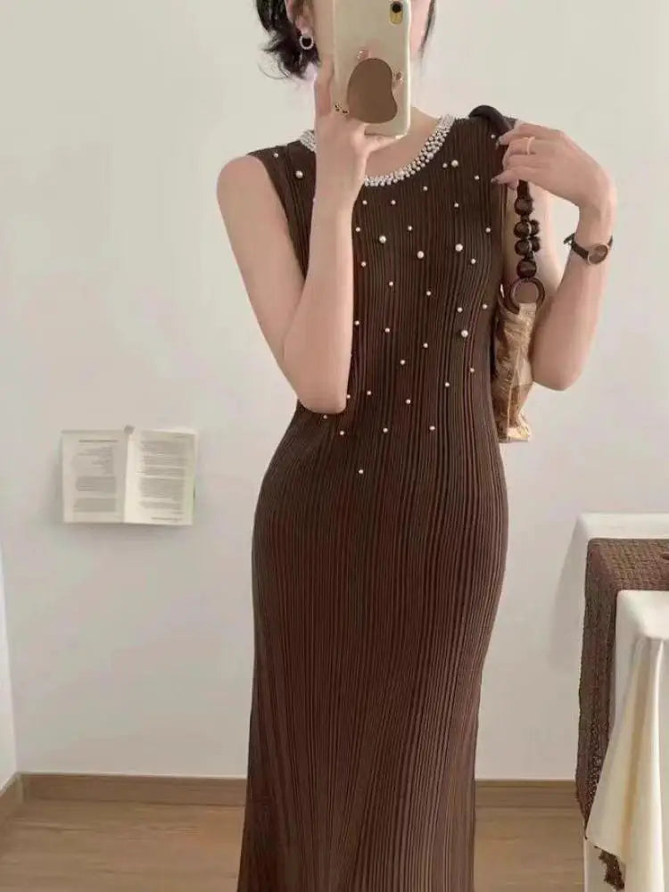 Korean Solid Pearl Elegant Round Neck Slim Vest Long Dresses For Women Sleeveless Fashion Sexy Knitted Dress Summer 2025 Popular