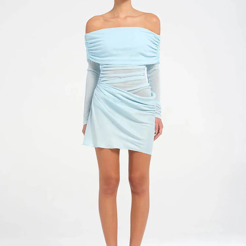 Load image into Gallery viewer, Hollow Out Off-shoulder Sexy Mini Dress Women Fashion Patchwork Strapless Long Sleeve Backless Ruched Club Dress
