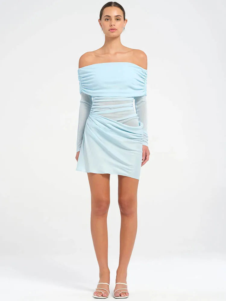 Hollow Out Off-shoulder Sexy Mini Dress Women Fashion Patchwork Strapless Long Sleeve Backless Ruched Club Dress