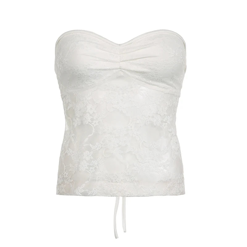 Y2K Strapless White Summer Sexy Lace Top Camisole Folds Backless Tie Up Fashion Women's Tube Top Transparent Coquette