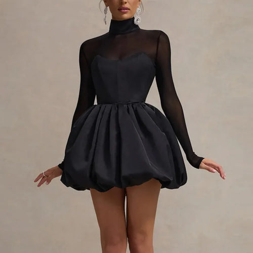 Load image into Gallery viewer, Turtleneck Sheer Long Sleeve Sexy Mini Dress For Women Black See Through High Waist A-line Club Party Dress Elegant
