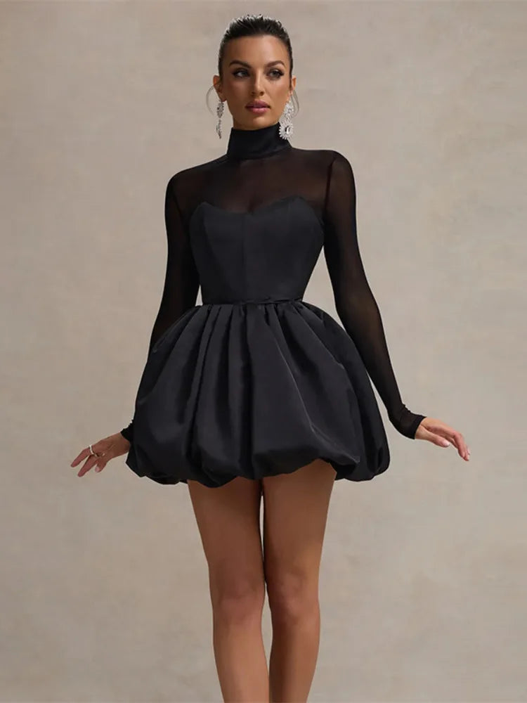 Turtleneck Sheer Long Sleeve Sexy Mini Dress For Women Black See Through High Waist A-line Club Party Dress Elegant