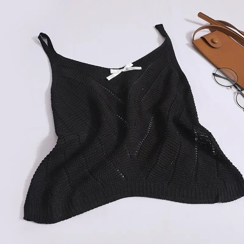 Solid Sexy Hollow Out V Neck Bow Slip Tank Tops Summer Women Sleeveless Holiday Short Vest Casual Street Clothes Fashion Casual