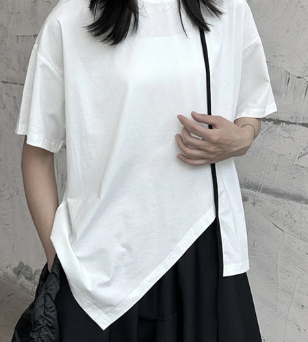 Women White Color-block Irregular Big Size T-shirt New Round Neck Half Sleeve Fashion Tide Spring Summer 2025 1DF9733