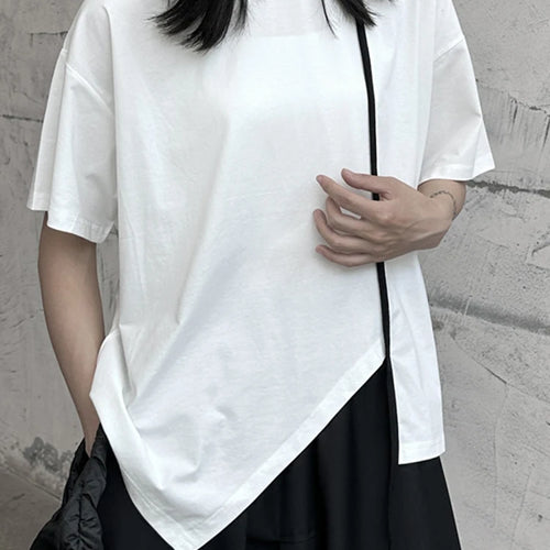 Load image into Gallery viewer, Women White Color-block Irregular Big Size T-shirt New Round Neck Half Sleeve Fashion Tide Spring Summer 2025 1DF9733
