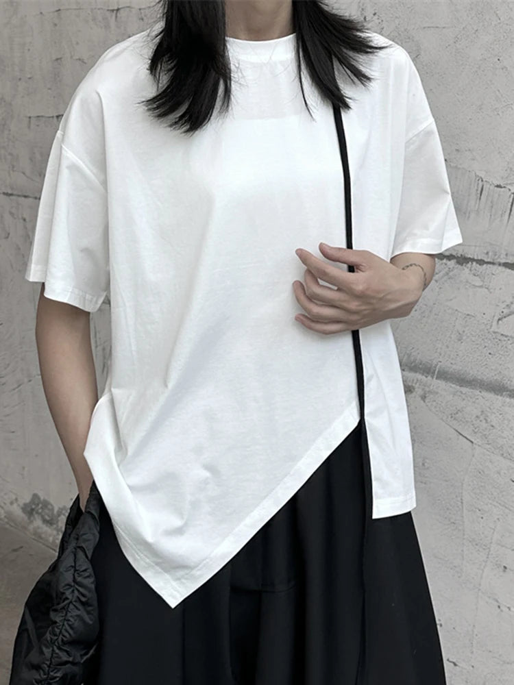Women White Color-block Irregular Big Size T-shirt New Round Neck Half Sleeve Fashion Tide Spring Summer 2025 1DF9733