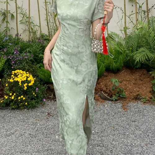 Load image into Gallery viewer, Summer Hollow Split Female Dress Chinese Style Cheongs Solid Color Slim Waist Printing Elegant Chic Women Maxi Dresses
