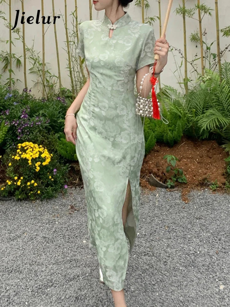 Summer Hollow Split Female Dress Chinese Style Cheongs Solid Color Slim Waist Printing Elegant Chic Women Maxi Dresses