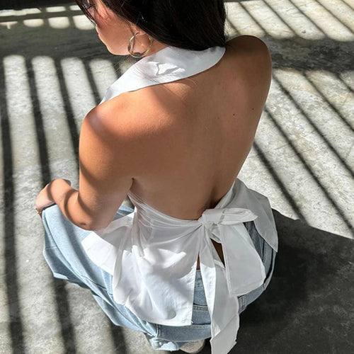 Load image into Gallery viewer, Fashion Backless White Blouse Top Sexy Solid Tie-Up Bow Design Chic Halter Neck Shirts Sleeveless Streetwear Outfits
