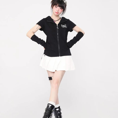 Load image into Gallery viewer, Kawaii Rabbit Black Printing T-shirts Y2k Aesthetic Slim Streetwear Zipper Tees Short Sleeve Fairy Harajuku Hoody Tops Women
