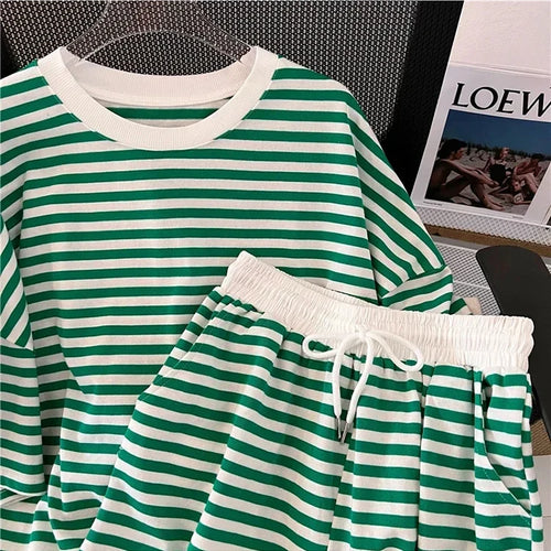 Load image into Gallery viewer, Summer Chic Preppy Style Women&#39;s Two Piece Set Loose Blue Green Striped Top Elastic Waist Wide Leg Short Available in Sizes M-XL
