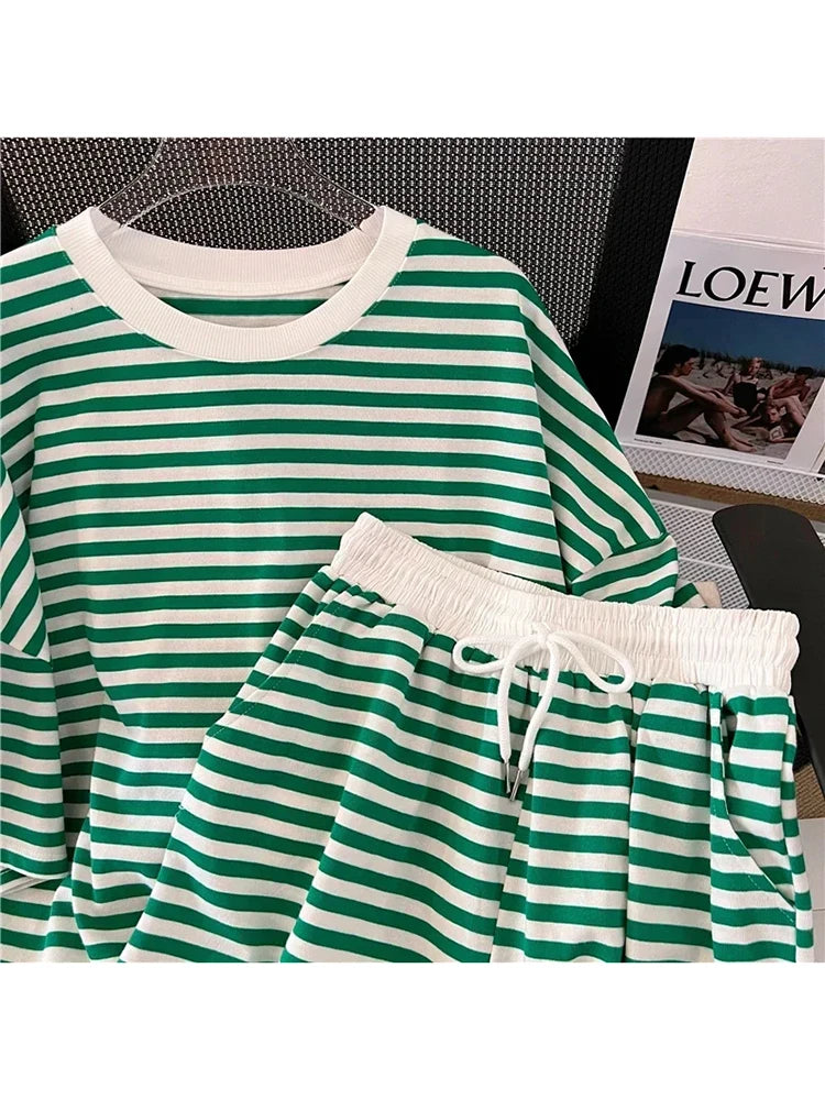 Summer Chic Preppy Style Women's Two Piece Set Loose Blue Green Striped Top Elastic Waist Wide Leg Short Available in Sizes M-XL