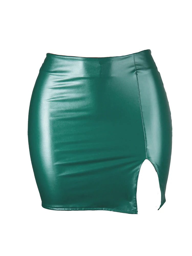 Women Leather Night Clubwear Skirts Summer Pure Color PU-leather Zipper Sexy Hip Leather Mini Skirts