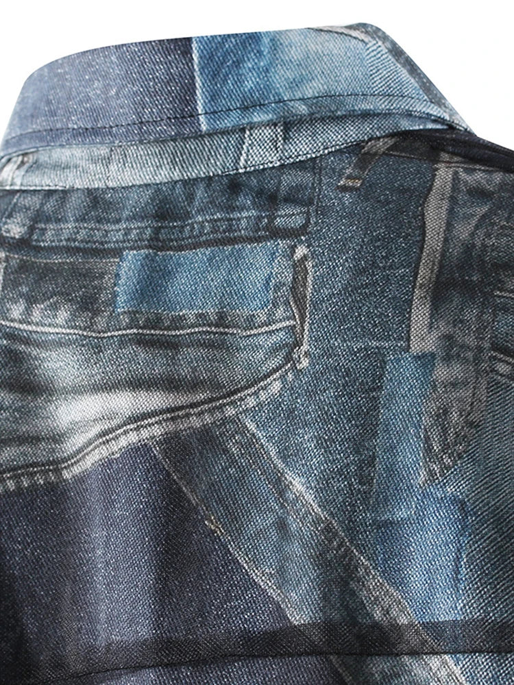 Blue Denim Printed Mesh Big Size Casual Jacket New Lapel Long Sleeve Women Coat Fashion Tide Spring Autumn 2025 7AB9030