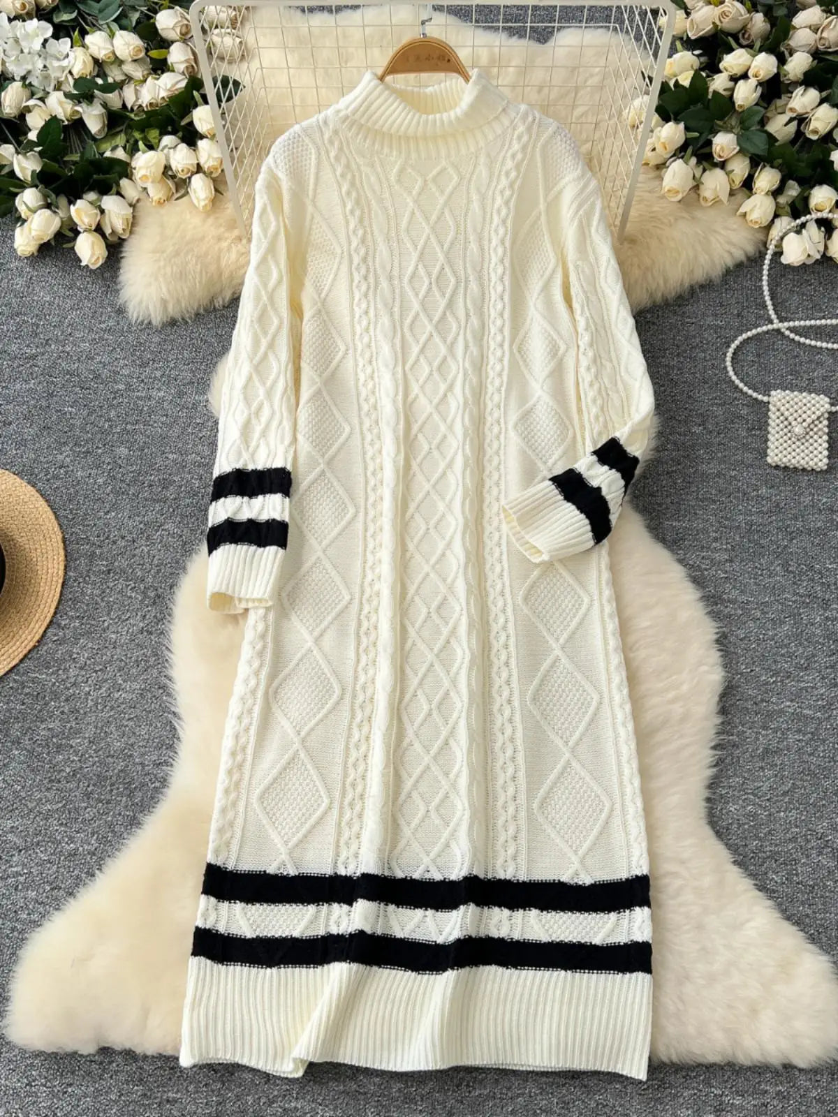 Autumn Winter Patchwork Elegant High Neck Knit Dress Women Korean Fashion Long Sleeves Slim 2024 New Loose Sweater Dresses Trend