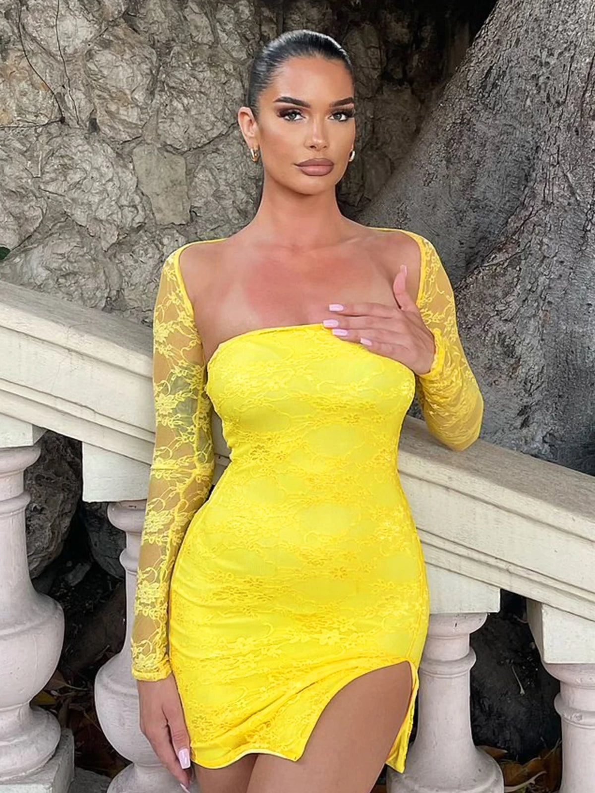 Solid Long Sleeve Backless Patchwork Flower Print Mesh Slit Sexy Slim Mini Dress Women Fashion Outfits Festival Party