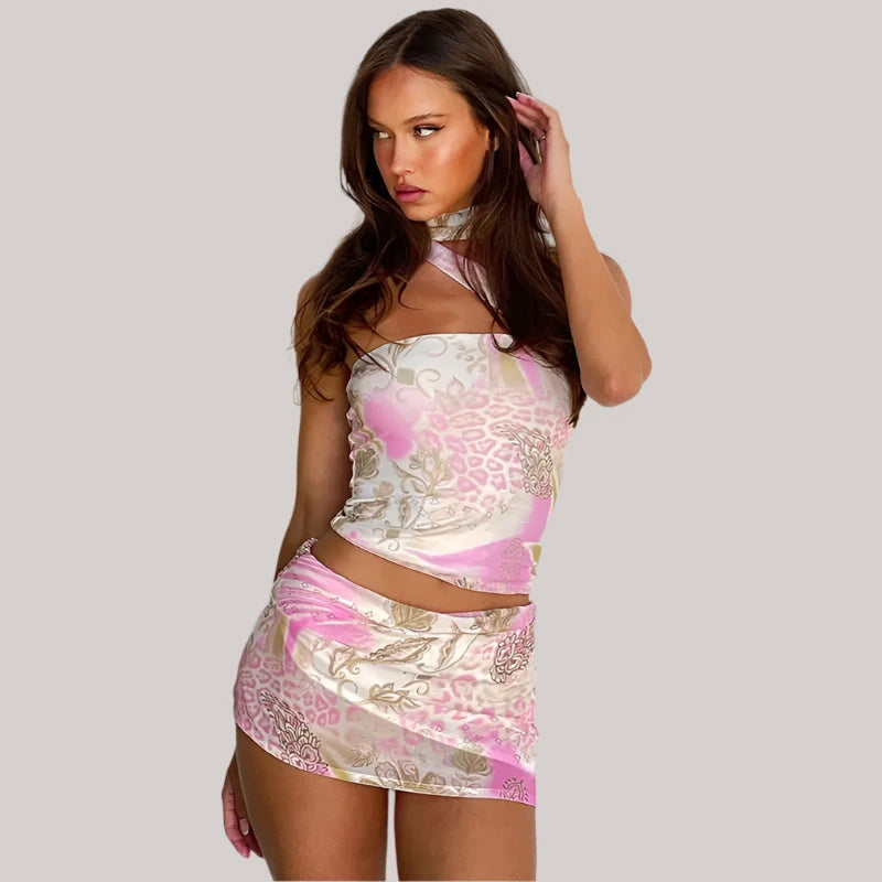 Pink Floral Print Short Dress Sets Cute Sexy Summer Vacation Outfits 2023 Two Pieces Skirt Sets for Women C15-CZ15