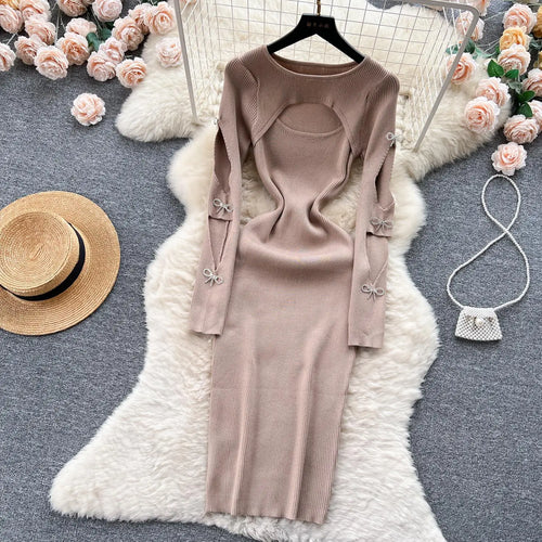Load image into Gallery viewer, Women Retro Chic Elegant Bow Hollow Long Sleeve Bodycon Dress Sexy Fashion Knit Slim Hip Wrap Sweater Dress Vestidos Autumn New

