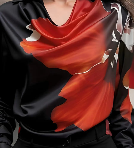 Autumn Spring Flower Print Blouses for Women 2025 New Loose Pile Collar Long Sleeve Shirts Women Business Casual Tops