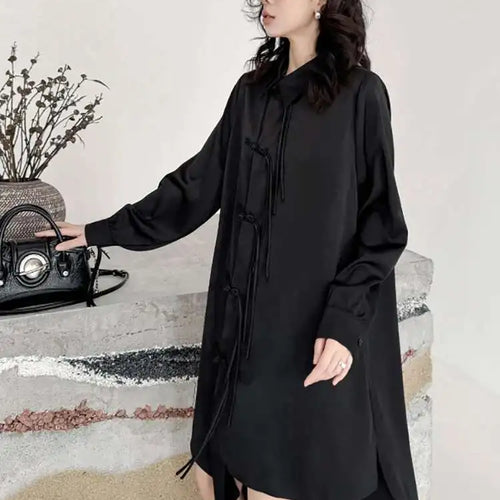 Load image into Gallery viewer, Women Black Irregular Hem Buckle Tassels Elegant Shirt Dress New Lapel Long Sleeve Fashion Tide Spring Autumn 2025 1DH4457
